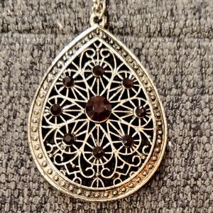 VINTAGE VICTORIAN REVIVAL FILIGREE PENDANT NECKLACE- DARK PURPLE AND SILVER